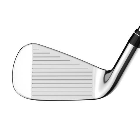 Close-up of the Callaway 2025 REVA Rise Womens Irons Set face shows detailed grooves and a smooth, shiny surface—features for easy launch in forgiving clubs—against a white background. Brand: Callaway. Includes 6–PW, SW, and AW.