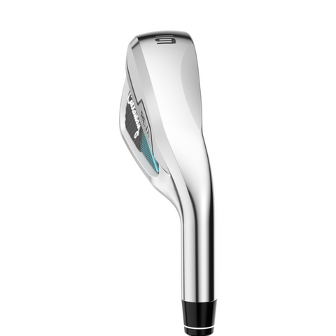 A close-up of the Callaway 2025 REVA Rise Womens Irons Set showcases a sleek, modern design and Callaway logo, emphasizing easy launch for a more forgiving golf club experience.