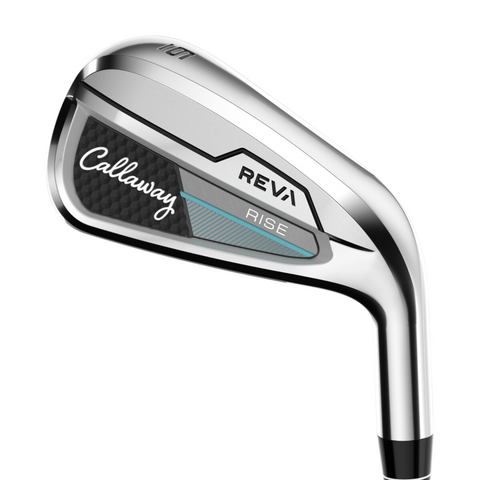 A close-up of the Callaway 2025 REVA Rise Womens Irons Set (6–PW + SW + AW) shows silver clubs with black, gray, and blue accents on the clubheads, designed for easy launch and forgiveness—ideal for women golfers.