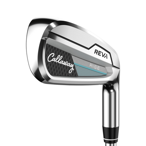 A close-up of the Callaway 2025 REVA Rise Womens Irons Set (6–PW+SW+AW) highlights the Callaway brand, carbon fiber details, and model labels on a sleek silver club head with black and blue accents—optimized for easy launch.