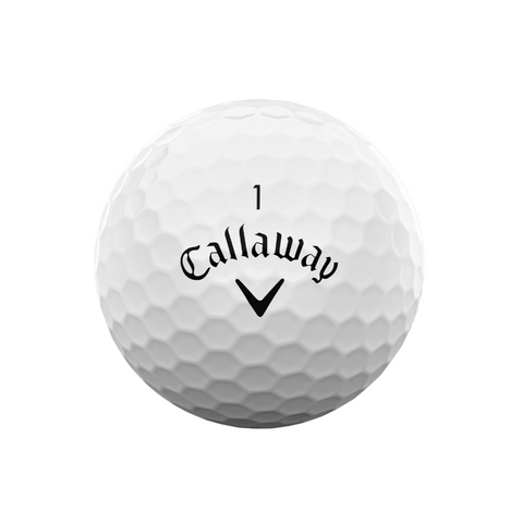 A white Callaway 2025 Supersoft Golf Ball features a dimpled surface, black Callaway logo, and the number 1, engineered with HEX Aerodynamics for enhanced performance.