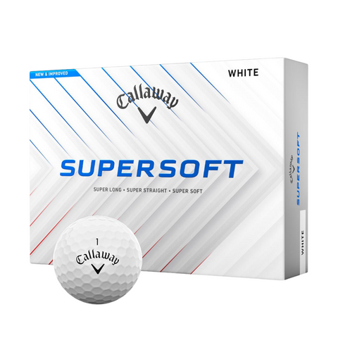 A box of Callaway 2025 Supersoft Golf Balls by Callaway, with one low-compression ball in front. The packaging highlights super long, super straight, and super soft performance with advanced HEX Aerodynamics technology.