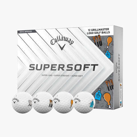 A box of Callaway 2025 Supersoft Grill Master Golf Balls by Callaway, featuring grill-themed designs like utensils and food, with four logo soft feel balls shown in front of the white box with silver accents.
