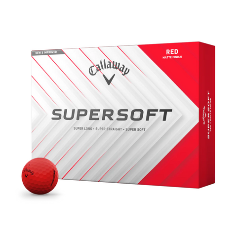 A box of Callaway 2025 Supersoft Matte Colour Golf Balls in red is pictured beside one red ball. The white and red packaging displays the Callaway logo and product name, emphasizing the soft feel of these golf balls.