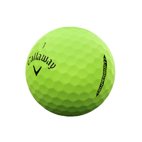 A vibrant yellow-green Callaway 2025 Supersoft Matte Colour Golf Ball with black branding is shown on a white background. This soft feel golf ball is part of the Callaway 2025 range.