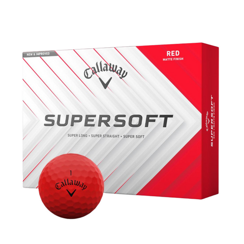A red Callaway 2025 Supersoft Matte Colour Golf Ball is displayed in front of a red and white box labeled Callaway 2025 Supersoft Matte Colour Golf Balls, featuring bold diagonal lines and showcasing their soft feel.