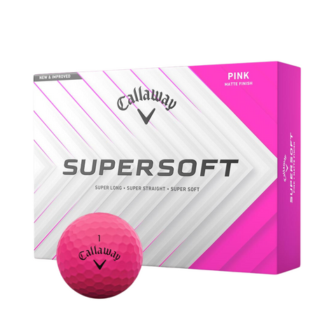 A Callaway 2025 Supersoft Matte Colour Golf Ball in vibrant pink sits before its box, labeled “Supersoft” and promising long, straight shots with an ultra-soft feel—ideal for those who love a soft golf ball.