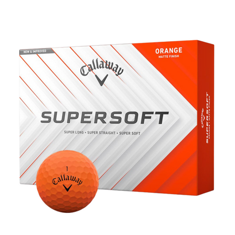 A box of Callaway 2025 Supersoft Matte Colour Golf Balls in orange, featuring bold white and orange diagonal stripes on the packaging with black and silver text, shown with a single orange ball in front. Brand: Callaway.