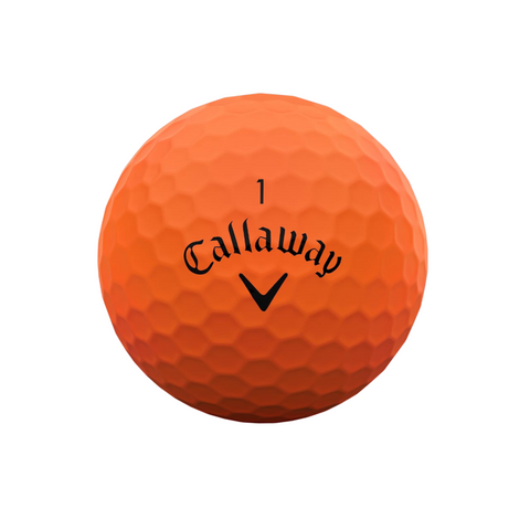 An orange Callaway 2025 Supersoft Matte Colour Golf Ball with a dimpled surface, black "1 Callaway" text, and a black V-shaped logo, shown on a white background.