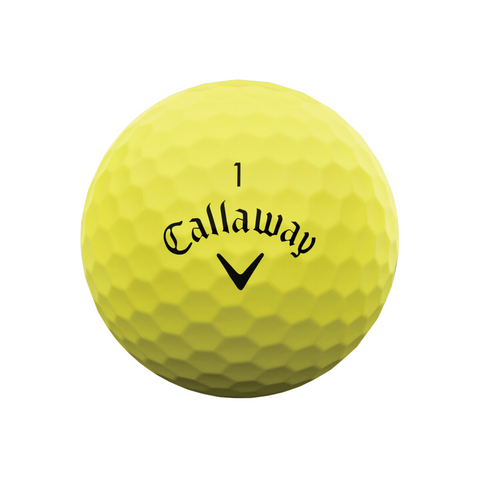A yellow Callaway 2025 Supersoft Matte Colour Golf Ball features a black “1”, Callaway logo, and chevron under the brand name, all on a white background. Ideal for those seeking soft feel golf balls.