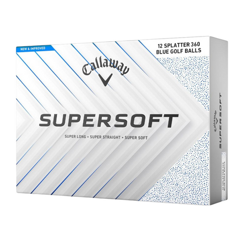 The Callaway 2025 Supersoft Splatter Golf Ball features a white and silver design with blue accents and delivers long distance and a soft feel, with SUPER LONG • SUPER STRAIGHT • SUPER SOFT on the front.