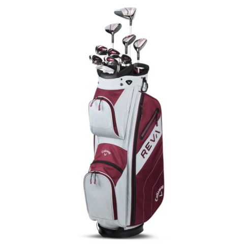 The Callaway 2025 Women’s REVA 11-Piece Package Set includes a maroon and white golf bag with multiple zippered pockets, standing upright and equipped with a full set of women’s clubs and headcovers—ideal for precision golfing.