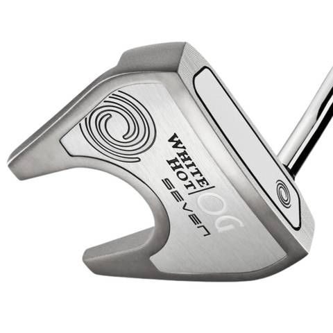 A close-up of a silver White Hot OG Seven putter head with black swirl details and metallic finish—perfect for pairing with left-handed golf clubs in the Callaway 2025 Women’s REVA 11-Piece Package Set.