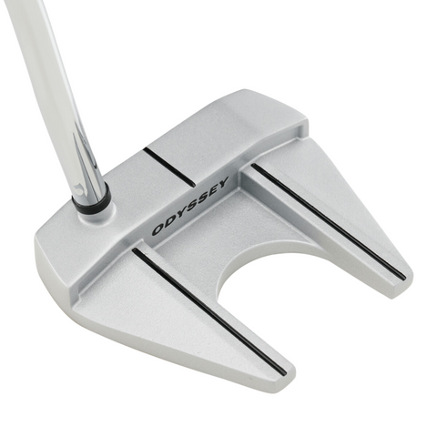 A close-up of a silver Odyssey putter with black alignment lines and a mallet head, perfect for easy distance, complements the Callaway 2025 Women’s REVA 11-Piece Package Set | Left-Handed from Callaway.