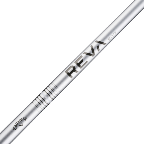 A close-up of the silver shaft from the Callaway 2025 Women’s REVA 11-Piece Package Set | Left-Handed, featuring REVA W FLEX in black lettering and the Callaway logo near the bottom, designed for easy distance.