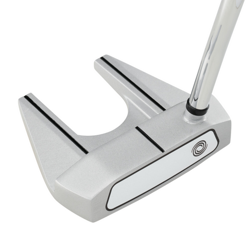 A close-up of a silver Callaway 2025 Women’s REVA 11-Piece Package Set left-handed golf putter features black alignment lines and a white face insert for easy distance, shown against a plain white background.