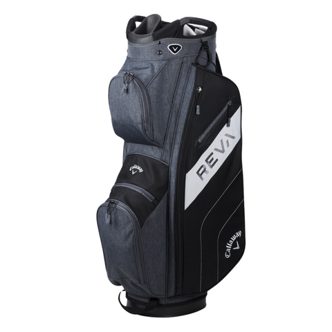 A black and gray Callaway golf bag with REVA on the side stands upright, featuring zippered pockets and designed to match the Callaway 2025 Women’s REVA 11-Piece Package Set | Left-Handed.