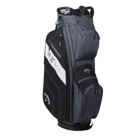 A black and gray Callaway golf bag, designed for the 2025 Womens REVA 11-Piece Package Set (Left-Handed), features zippered pockets, a large side logo, and a sturdy base, shown upright on a white background.