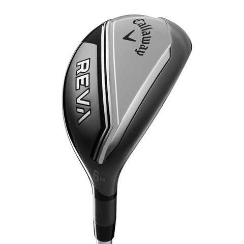 Close-up of a left-handed Callaway 6H hybrid club with silver and black design, logo, and club details—part of the Callaway 2025 Women’s REVA 11-Piece Package Set for easy distance.