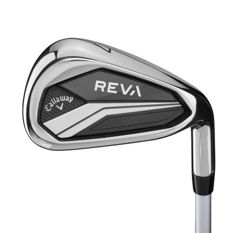 A close-up of the Callaway 2025 Women’s REVA 11-Piece Package Set left-handed iron, showing its distinctive silver and black design with visible Callaway branding and model name on the club head, designed for easy distance.
