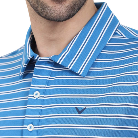 Close-up of a man wearing the Callaway Adelaide Stripe Mens Polo by Callaway, featuring blue fabric with white horizontal stripes, three buttons, and an embroidered logo on the left chest. Only his lower face and neck are visible.
