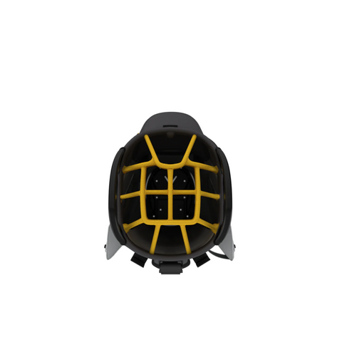 A black helmet viewed from above, with yellow internal padding and visible straps at the bottom—designed with detailed craftsmanship, much like the Callaway Chase 14 Cart Bag by Callaway.