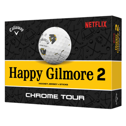 A box of Callaway Chrome Tour Tru-Vis Happy Gilmore 2 Jersey Golf Balls by golf360nz, featuring bold yellow Happy Gilmore 2, Netflix branding, golf-themed icons, and a golf ball with sunglasses and a hockey stick.