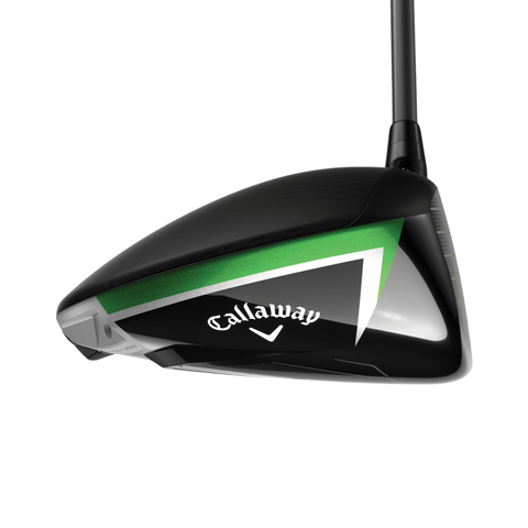 Close-up of the Callaway Elyte Driver | Left Handed by Callaway, showcasing its sleek black and green design with logo, angled on a white background—a premium left-handed driver ideal for New Zealand golfers.