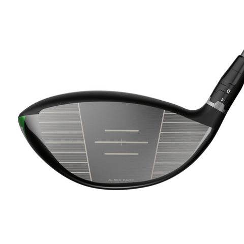 Close-up of the Callaway Elyte Driver | Left Handed by Callaway, showing its sleek metallic clubface with etched grooves, black edges, and an adjustable hosel—ideal for left-handed golf lovers in New Zealand.