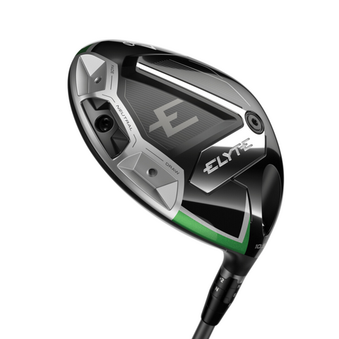 A close-up of the Callaway Elyte Driver | Left Handed showcases its sleek black, silver, and green design with the Callaway brand and adjustable settings labeled NORMAL and DRAW on the sole.
