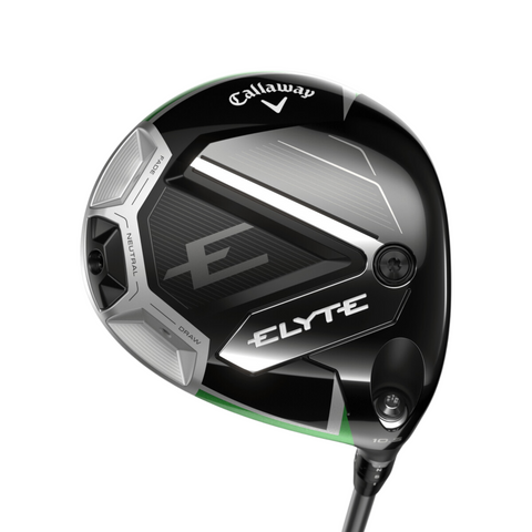 The Callaway Elyte Driver | Left Handed features a black and silver head with adjustable weights, Neutral and Draw markings, and a modern angular design—a top choice for New Zealand golfers.