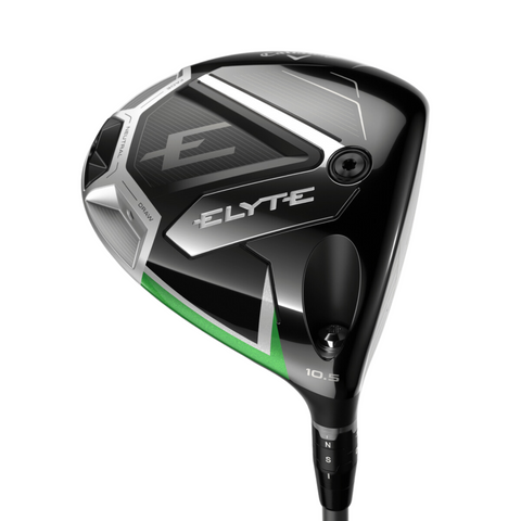 A close-up of the Callaway Elyte Driver | Left Handed by Callaway, featuring a modern black and silver head with green accents and a 10.5° loft—perfect for left-handed golfers in New Zealand.