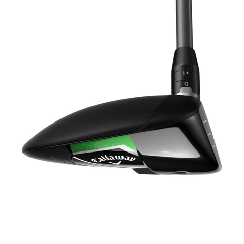 The Callaway Elyte Fairway Wood, shown from a low side angle, features a sleek black design with silver accents, an adjustable hosel, and the signature Callaway logo—emphasizing both style and functionality.
