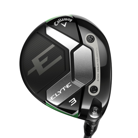 Close-up of the Callaway Elyte Fairway Wood head by Callaway, labeled ELYTE 3, featuring a black, silver, and green design with a large E and TUNGSTEN SPEED WAVE, this lightweight club delivers high-launch performance.