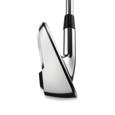 Close-up of the back of a shiny, silver Callaway Elyte Irons Set (4-PW + SW + AW) club head, highlighting its smooth surface and precise angles for maximum forgiveness against a white background.