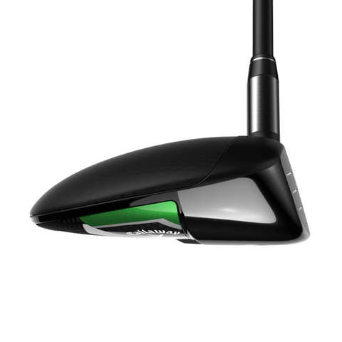 A close-up of the Callaway Elyte Max Fast Women’s Fairway Wood highlights its lightweight, forgiving black club head with metallic green accents and a partially visible Callaway logo on the side and sole.
