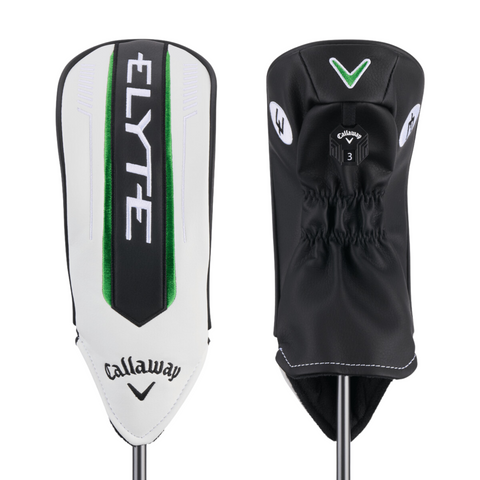 Two Callaway headcovers: the left is white with green/black accents, marked ELYTE, ideal for the lightweight Callaway Elyte Max Fast Women’s Fairway Wood; the right is black with white details and a number 3 dial.