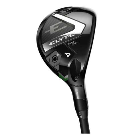 A close-up of the black Callaway Elyte Max Fast Women’s Hybrid club head highlights its metallic and green accents, Callaway branding, and easy launch features.