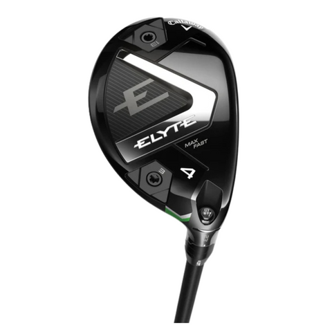 A close-up of the Callaway Elyte Max Fast Women’s Hybrid golf club head displays Callaway branding, metallic accents, and adjustable screws—highlighting its easy-launch design for women—against a white background.