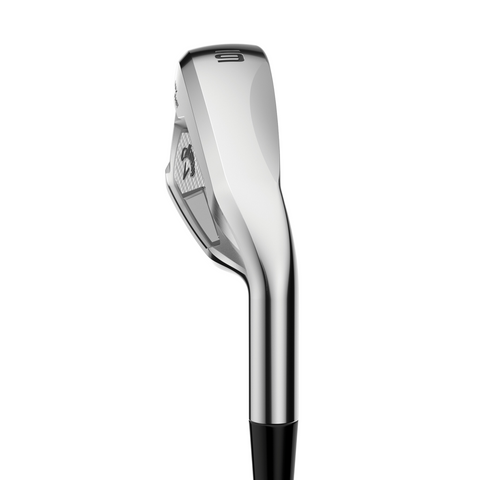 A close-up shows the sleek, silver Callaway Women's Elyte Max Fast Irons Set (6-PW + SW), highlighting its modern contours, lightweight design, smooth metallic finish, and subtle Callaway branding on the back.