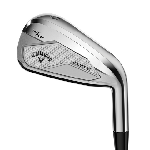 Close-up of the Callaway Women's Elyte Max Fast Irons Set (6-PW + SW) with a silver metallic finish, engraved Callaway logo, and “ELYTE” and “MAX FAST”—designed for maximum forgiveness and lightweight performance.