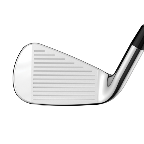 Close-up of a reflective Callaway Elyte Mens Irons Set club head, featuring horizontal grooves on the chrome face and part of the black handle—crafted by Callaway for forgiveness and easy distance.