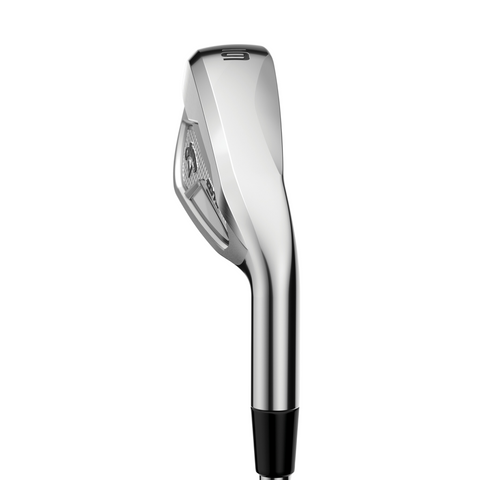 The Callaway Elyte Mens Irons Set, by Callaway, features a modern metallic design with a smooth, shiny finish and sleek ergonomics for maximum forgiveness, as seen from the side against a white background.