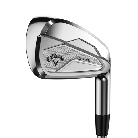 A close-up of the Callaway Elyte Mens Irons Set highlights its textured clubface, sleek metallic finish, and engraved Callaway branding—designed for easy distance and impressive forgiveness.
