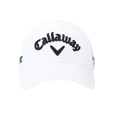 Front view of the white Callaway Elyte Tour Authentic Performance Pro Hat, a moisture-wicking golf hat featuring the black Callaway branding on the front and small green and black embroidered side details.