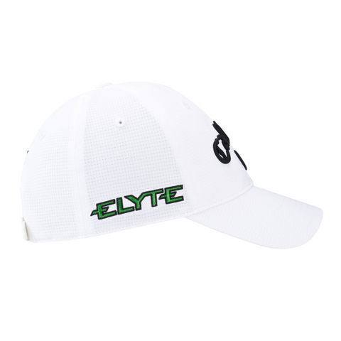 The Callaway Elyte Tour Authentic Performance Pro Hat is a white golf hat with black embroidered script, ELYTE stitched in green and black on the side, a curved brim, perforated texture, and moisture-wicking comfort.