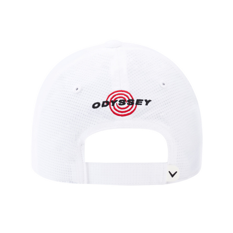 The Callaway Elyte Tour Authentic Performance Pro Hat by Callaway is displayed from the back, showing “Odyssey” and a red target logo above the adjustable strap, plus a small black V on the corner of this white mesh golf hat.