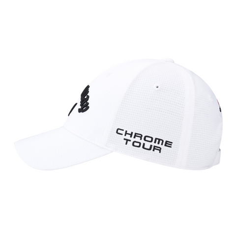 The Callaway Elyte Tour Authentic Performance Pro Hat is a white golf hat with black CHROME TOUR embroidery on the side, made from mesh-like moisture-wicking fabric for top performance.