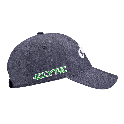 The Callaway Elyte Tour Authentic Performance Pro Hat is a dark gray, moisture-wicking golf hat with a curved brim, an embroidered white front logo, and green-and-white ELYTE on the side—designed for top performance.