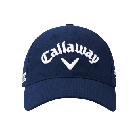 The Callaway Elyte Tour Authentic Performance Pro Hat in navy blue features the Callaway name and V-shaped logo embroidered in white on the front, plus small logos on each side for a classic, sporty golf look.